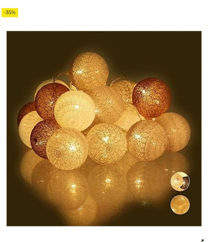 Relaxdays Guirnalda Luces con 20 Bolas LED a Pilas, Algodón-Poliestireno, Blanco-Gris-marrón, 6 cm de diámetro