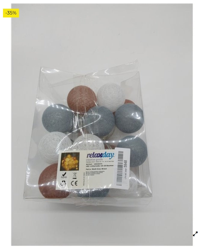 Relaxdays Guirnalda Luces con 20 Bolas LED a Pilas, Algodón-Poliestireno, Blanco-Gris-marrón, 6 cm de diámetro