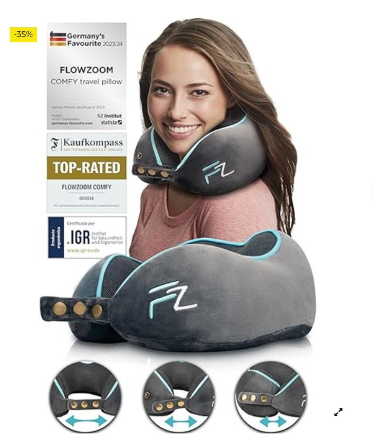 FLOWZOOM Comfy Almohada de Viaje Viscoelástica – Soporte Ajustable 360°, Funda de Felpa Suave y Lavable, con Bolsa Compacta – Co